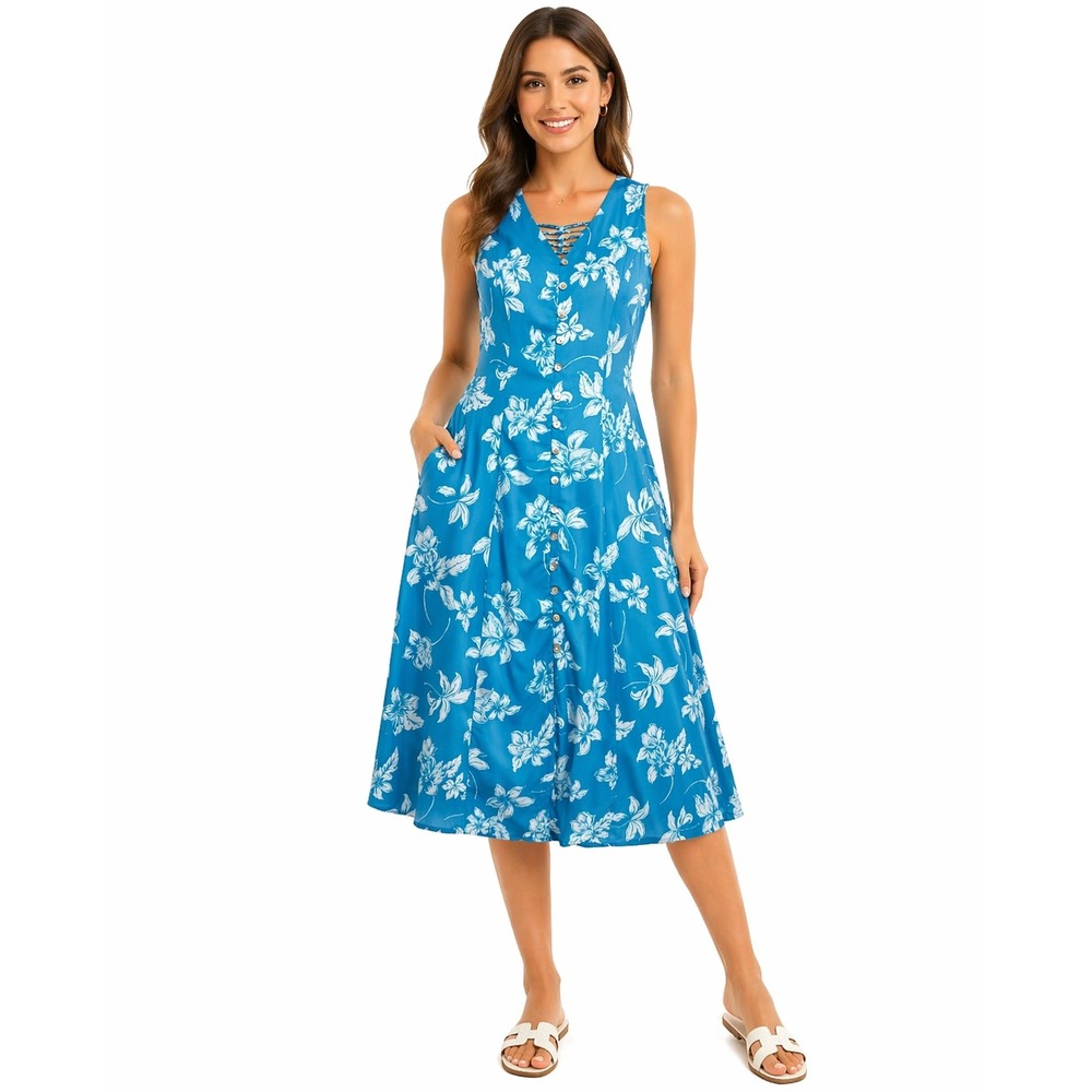 NWOT Blue Floral Midi Dress Women's Size 6 Sleeveless A-Line Summer Vacation